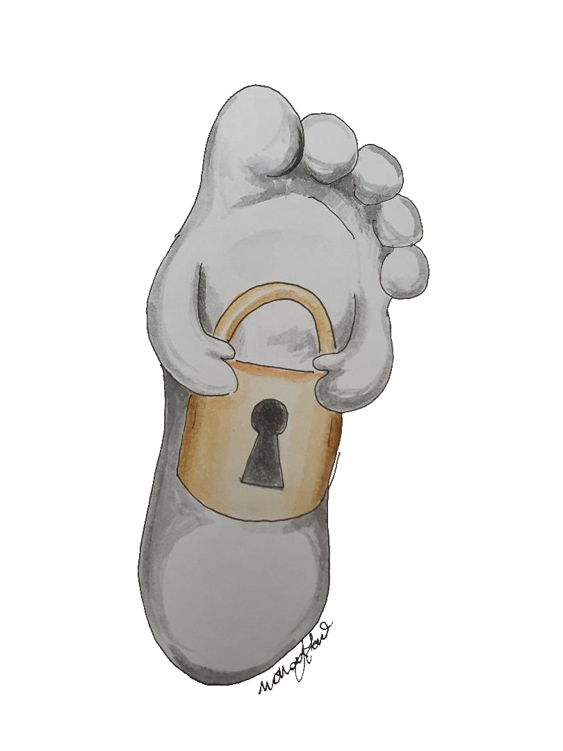 Lifelike white foot drawing with arms carrying a gold padlock.